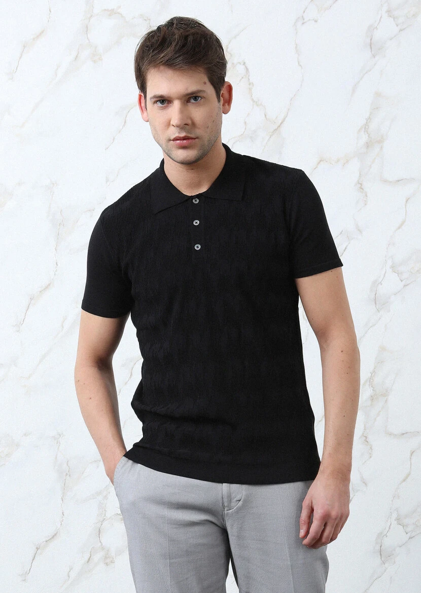 Siyah Polo Yaka Jakarlı Triko 