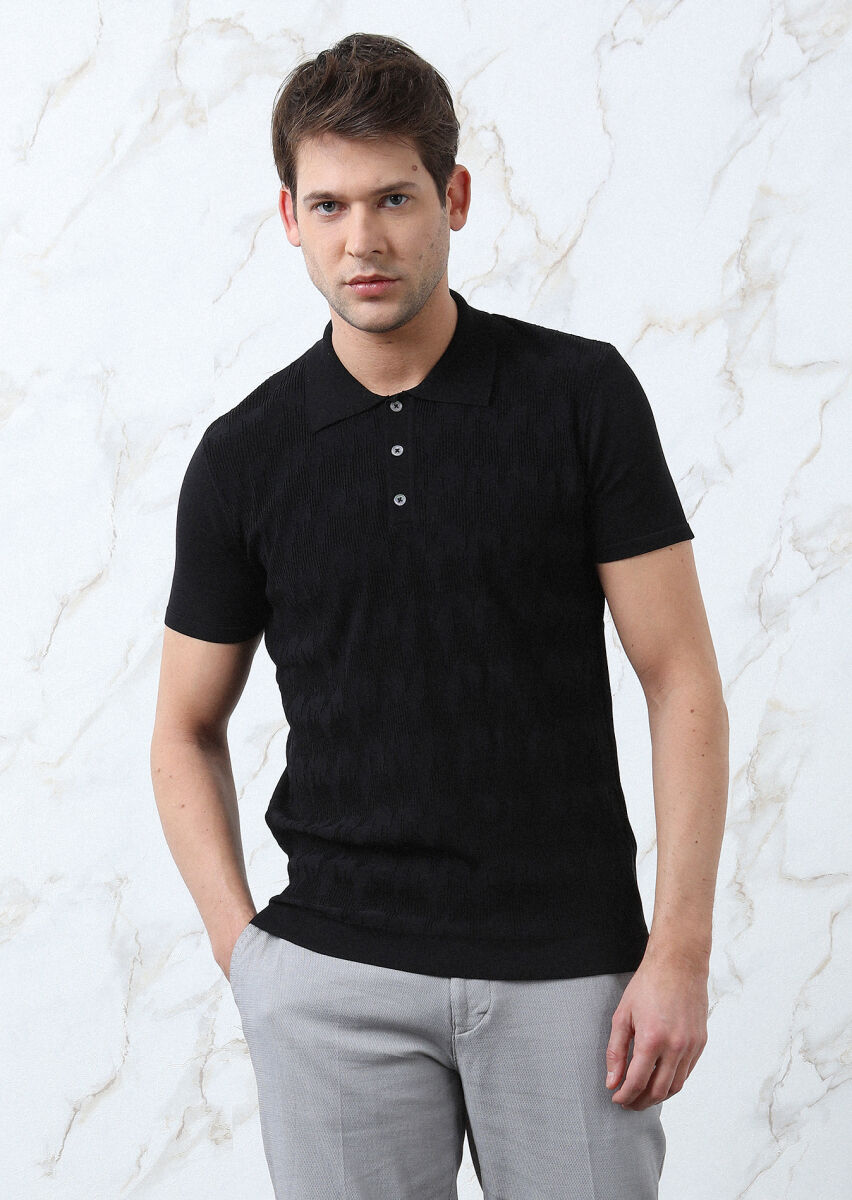 Siyah Polo Yaka Jakarlı Triko - 2