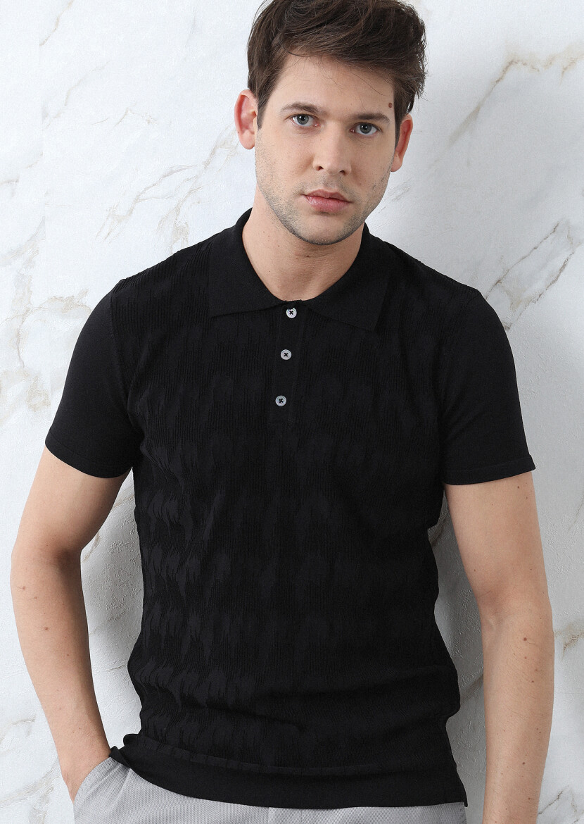 Siyah Polo Yaka Jakarlı Triko - 4