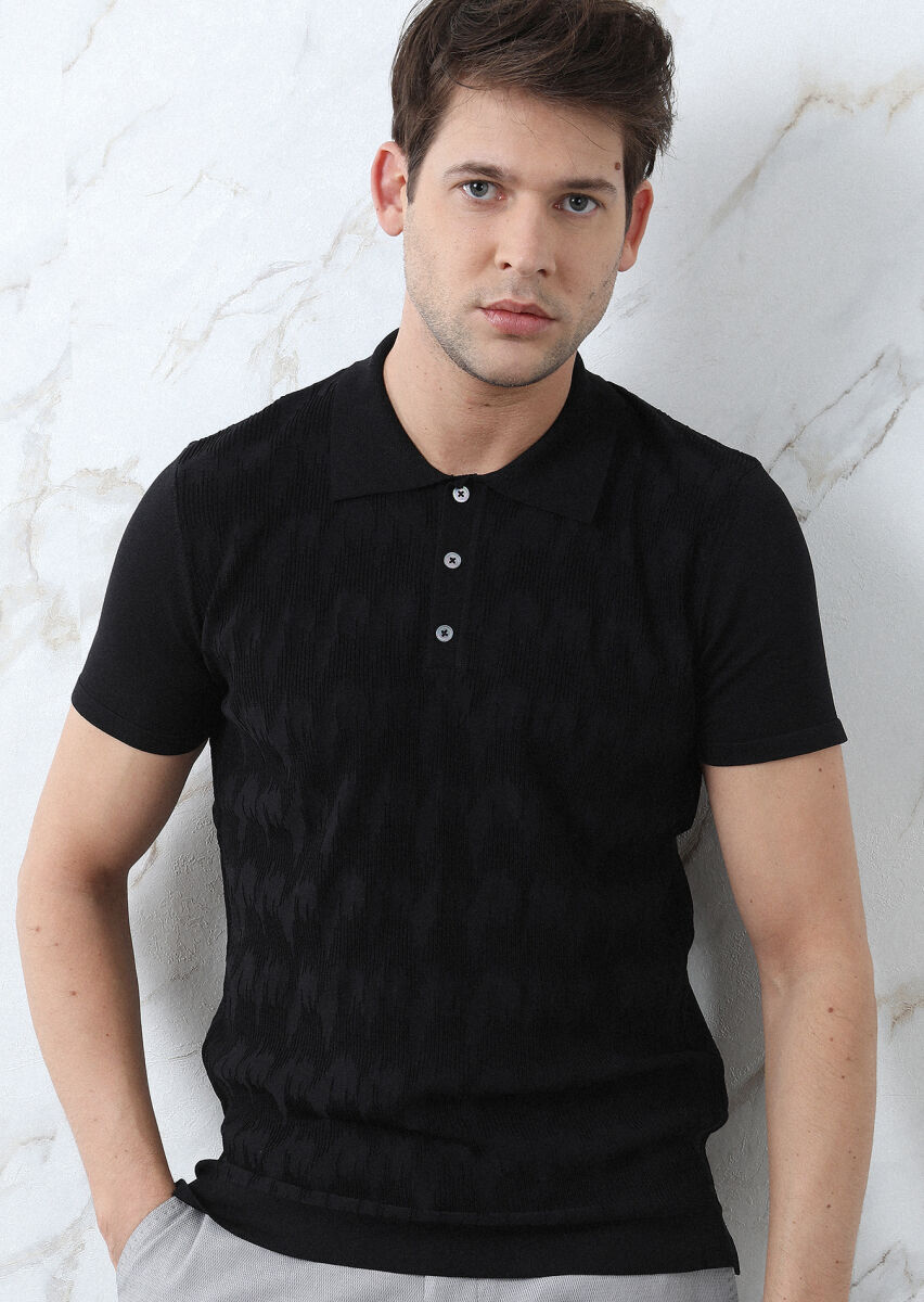 Siyah Polo Yaka Jakarlı Triko - 4