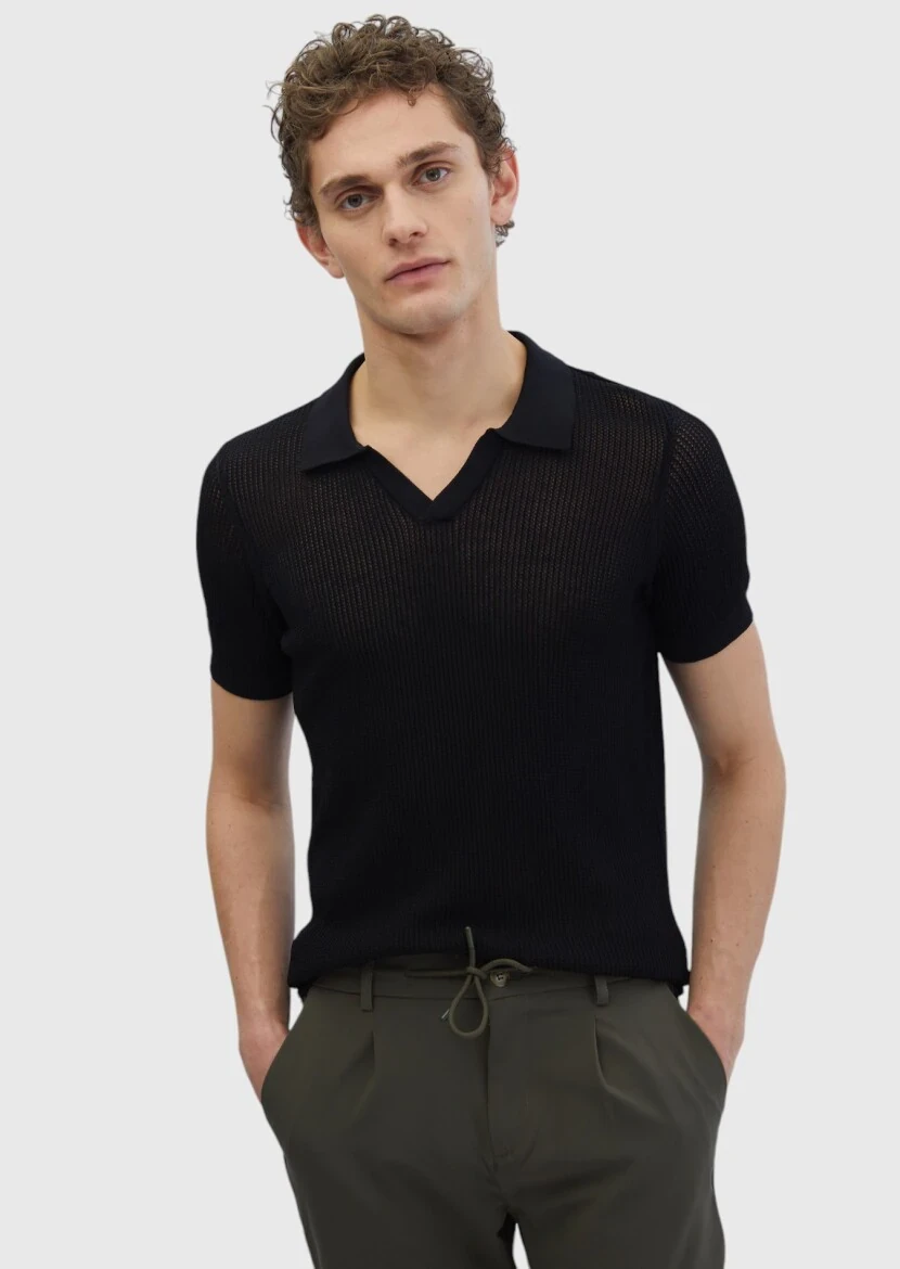 Siyah Polo Yaka Jakarlı Triko - RAMSEY