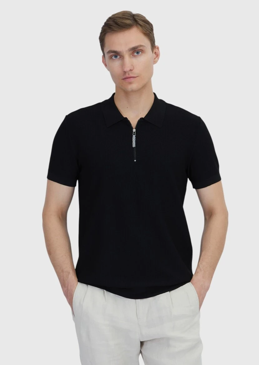 Siyah Polo Yaka Jakarlı Triko - 1