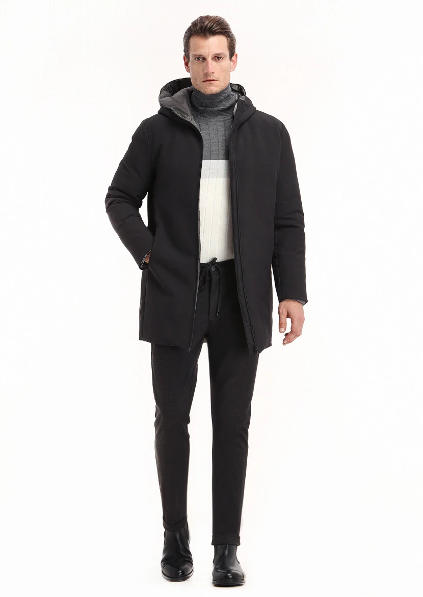 Siyah Regular Fit Casual Dokuma Çift Taraflı Şişme Kaban - 1