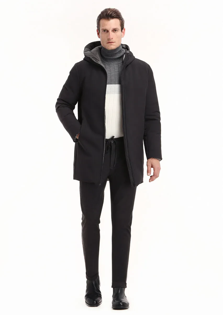 Siyah Regular Fit Casual Dokuma Çift Taraflı Şişme Kaban - 1