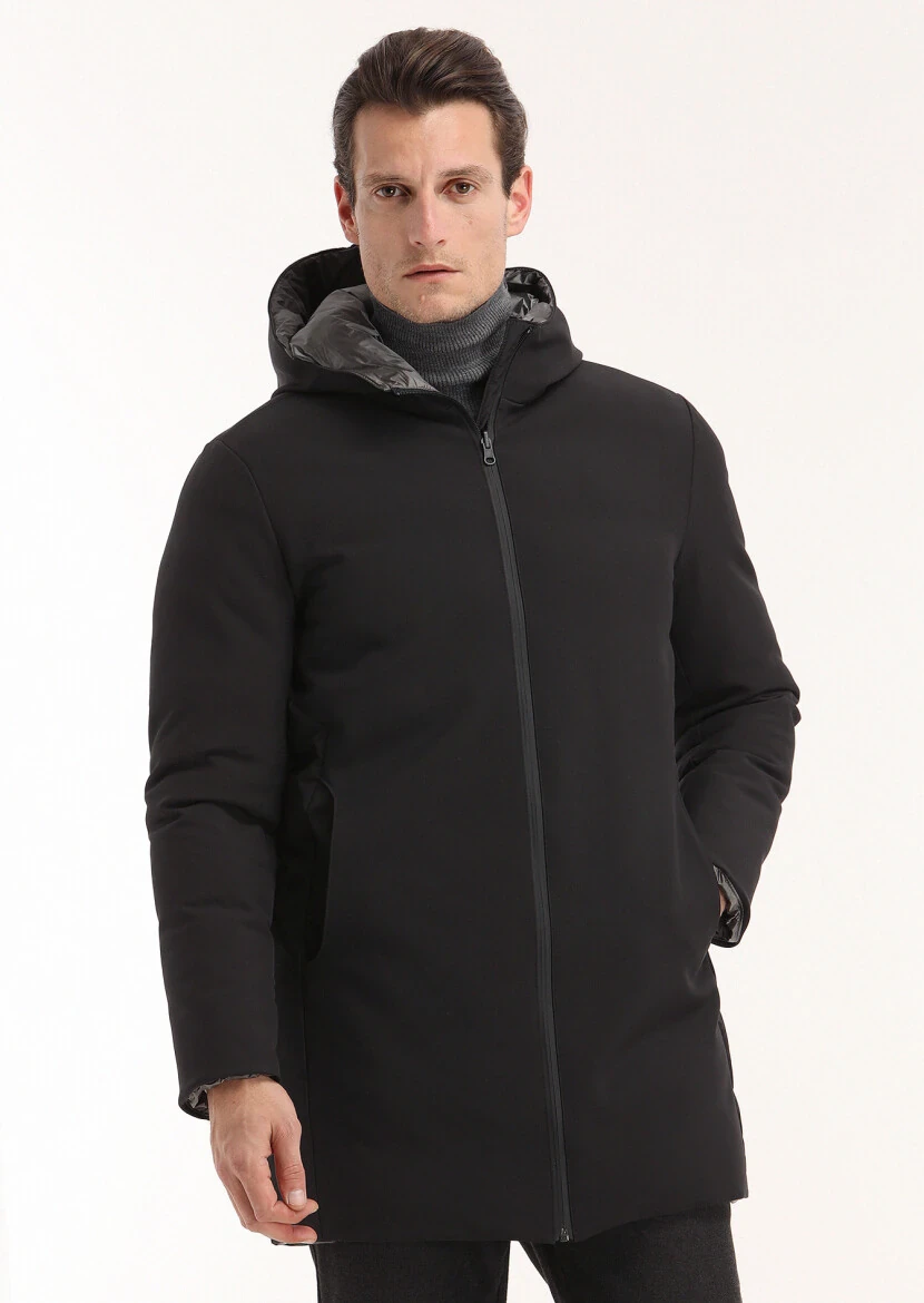 Siyah Regular Fit Casual Dokuma Çift Taraflı Şişme Kaban - 7