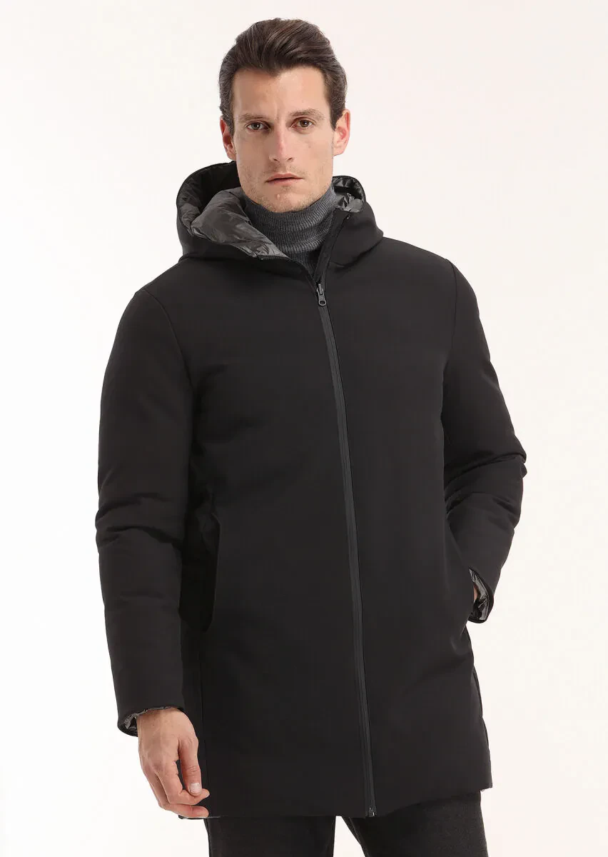 Siyah Regular Fit Casual Dokuma Çift Taraflı Şişme Kaban - 7