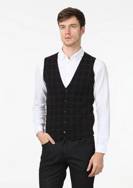 Siyah Regular Fit Casual Örme Triko Yelek - 1