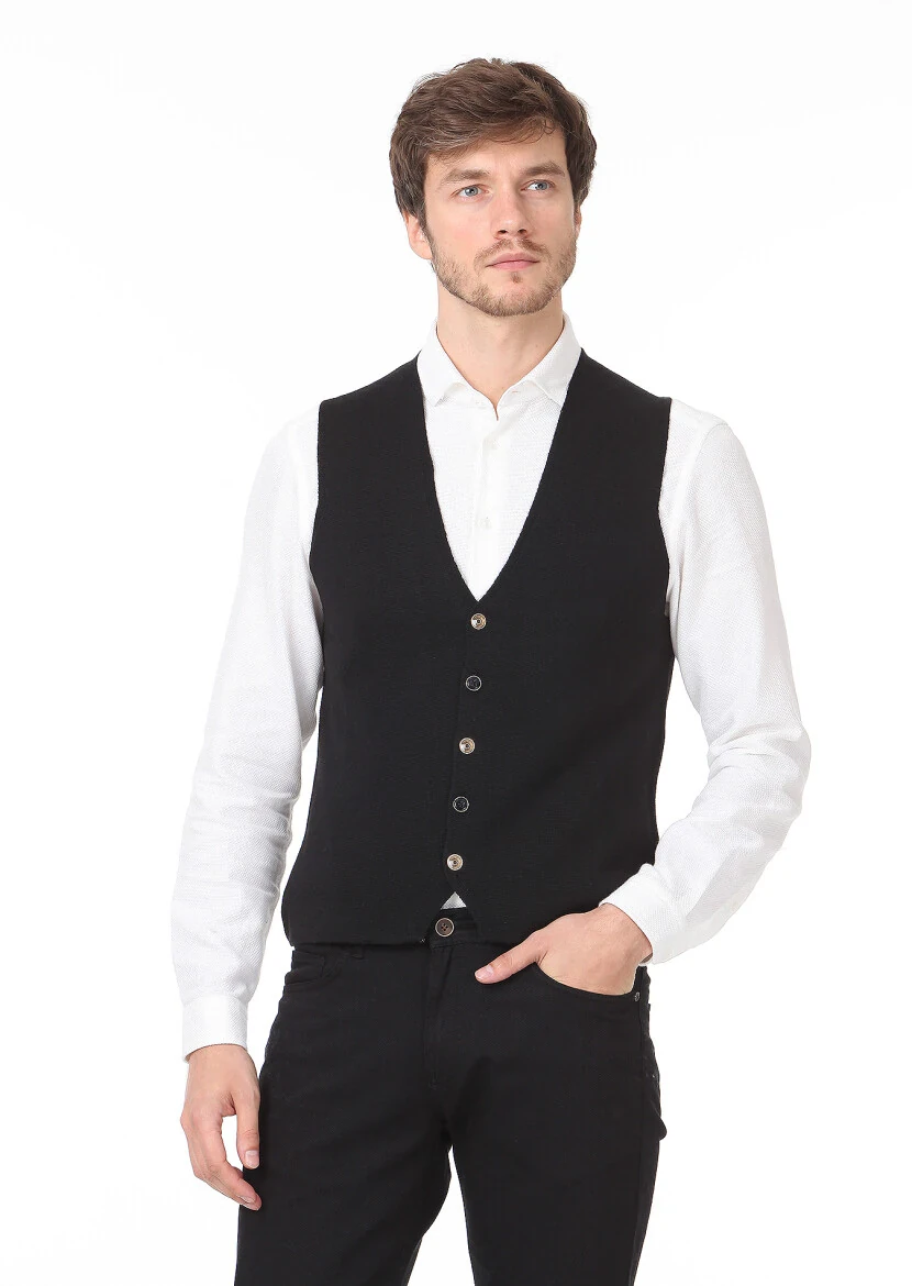 Siyah Regular Fit Casual Örme Triko Yelek - 1