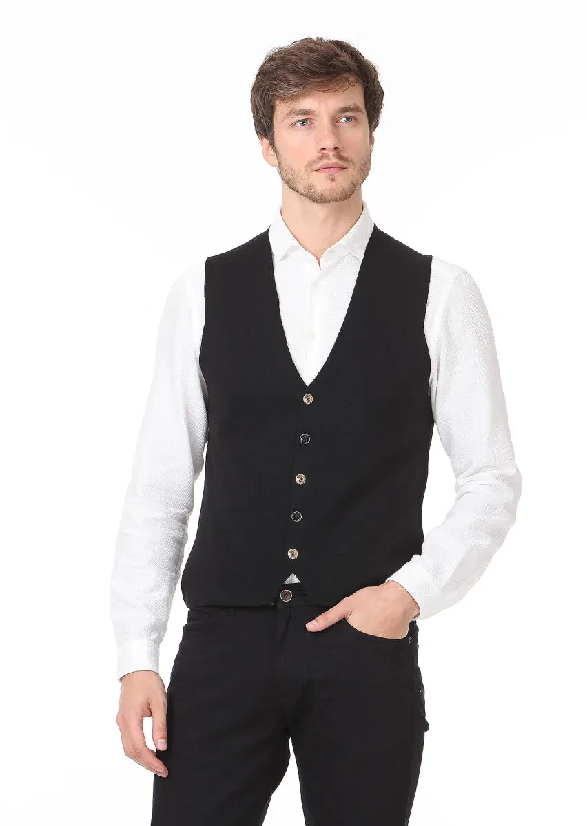 Siyah Regular Fit Casual Örme Triko Yelek - 1