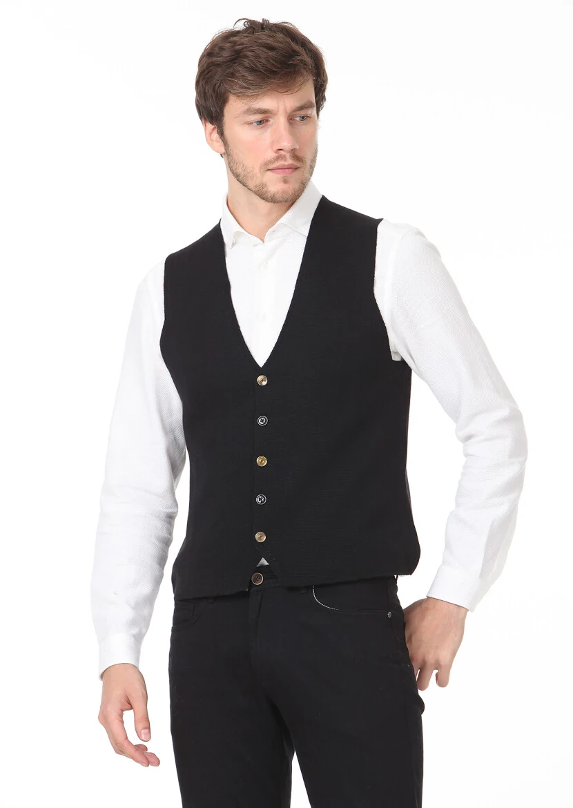 Siyah Regular Fit Casual Örme Triko Yelek - 2