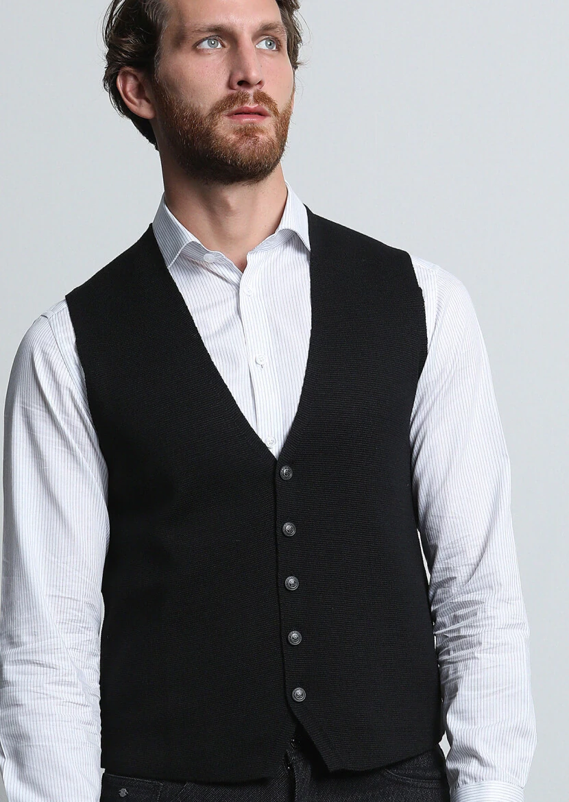 Siyah Regular Fit Casual Örme Triko Yelek - 3