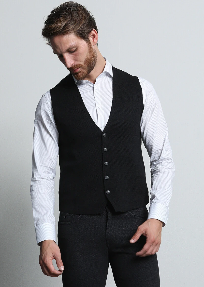 Siyah Regular Fit Casual Örme Triko Yelek - 4