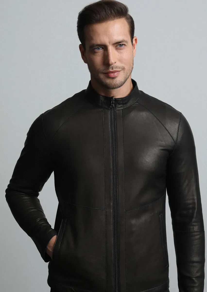 Siyah Regular Fit Dik Yaka Casual Deri Deri Mont - 2