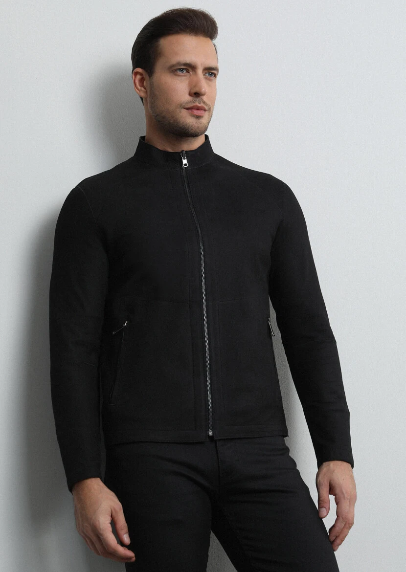 Siyah Regular Fit Dik Yaka Casual Deri Deri Mont - 3