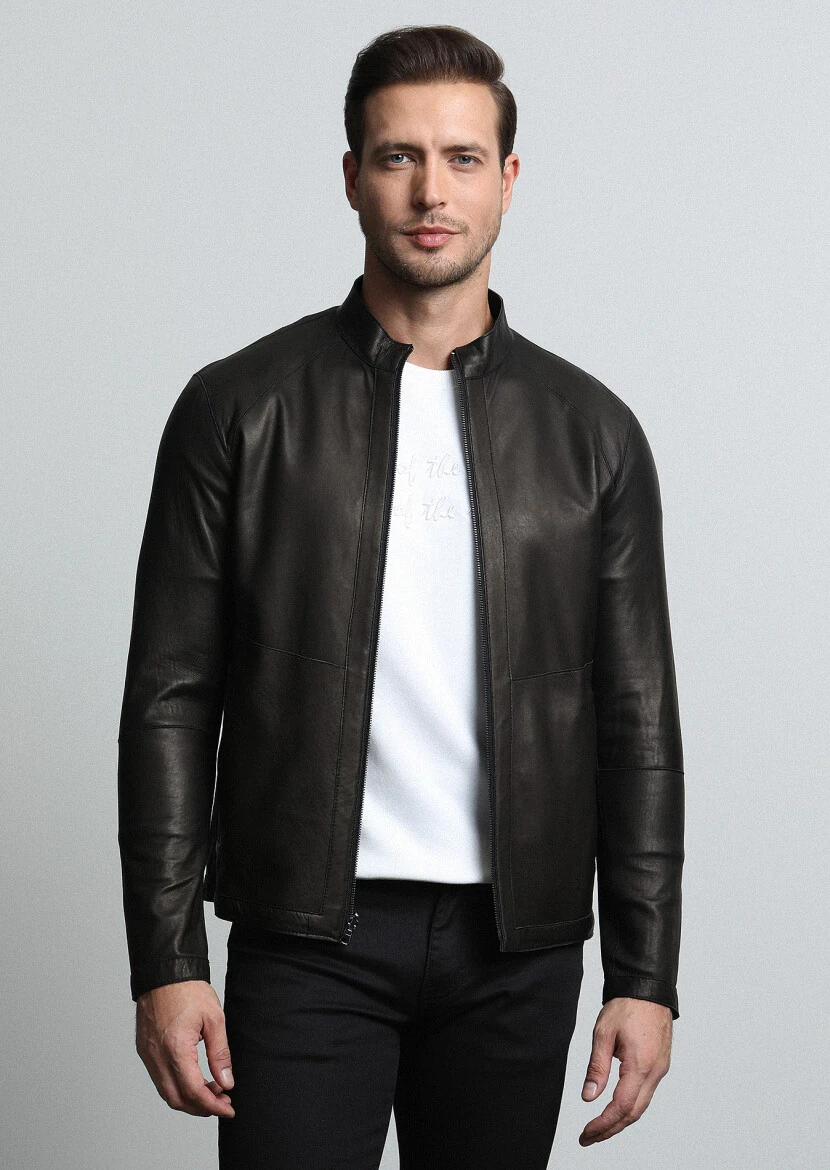 Siyah Regular Fit Dik Yaka Casual Deri Deri Mont - 4