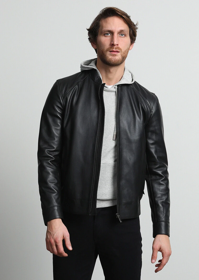 Siyah Regular Fit Dik Yaka Casual Deri Deri Mont - 1