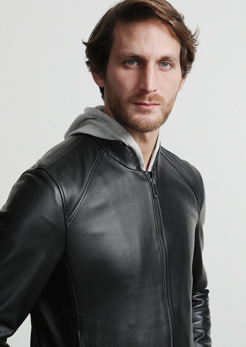 Siyah Regular Fit Dik Yaka Casual Deri Deri Mont - 2