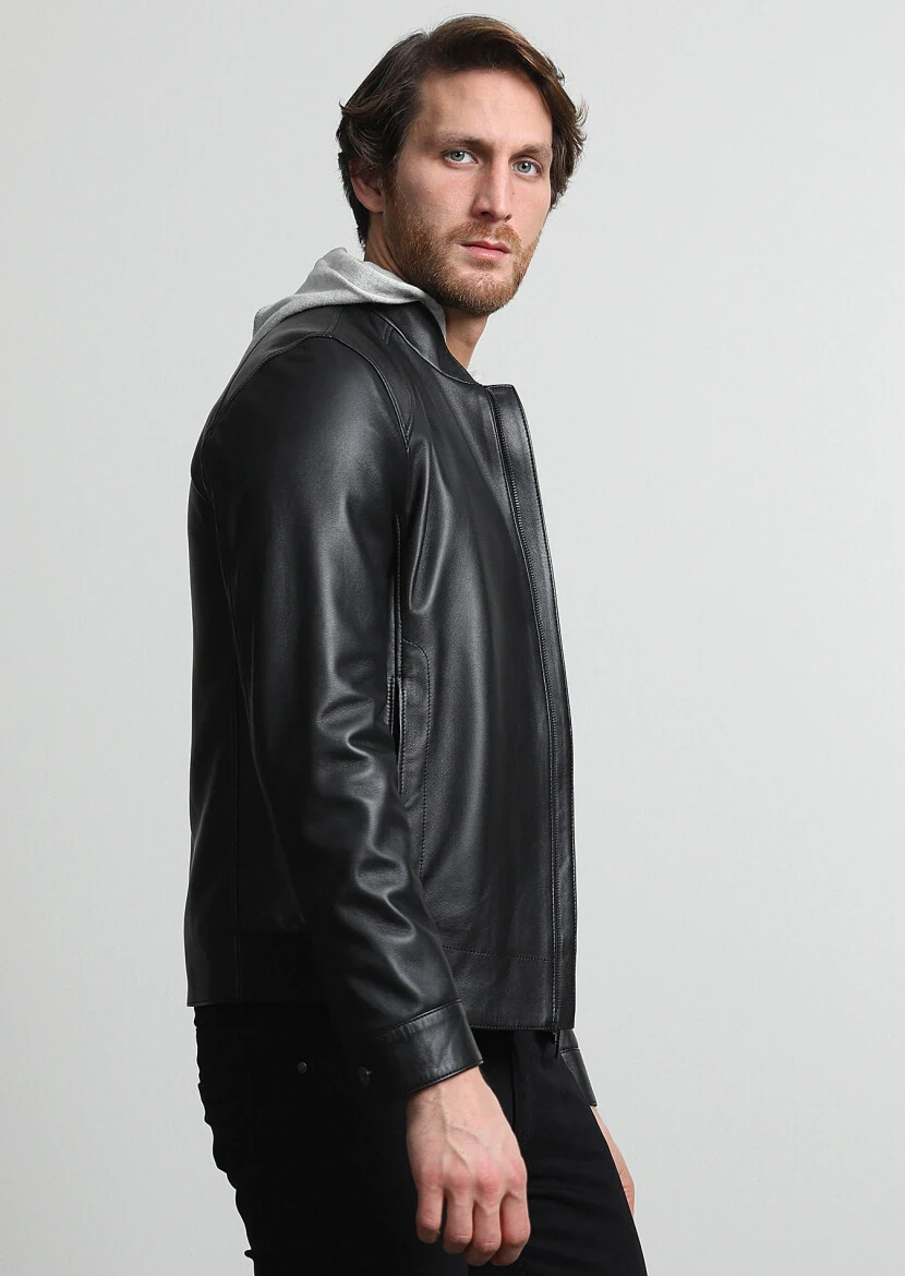 Siyah Regular Fit Dik Yaka Casual Deri Deri Mont - 3