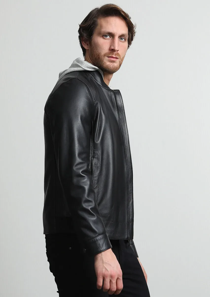 Siyah Regular Fit Dik Yaka Casual Deri Deri Mont - 3