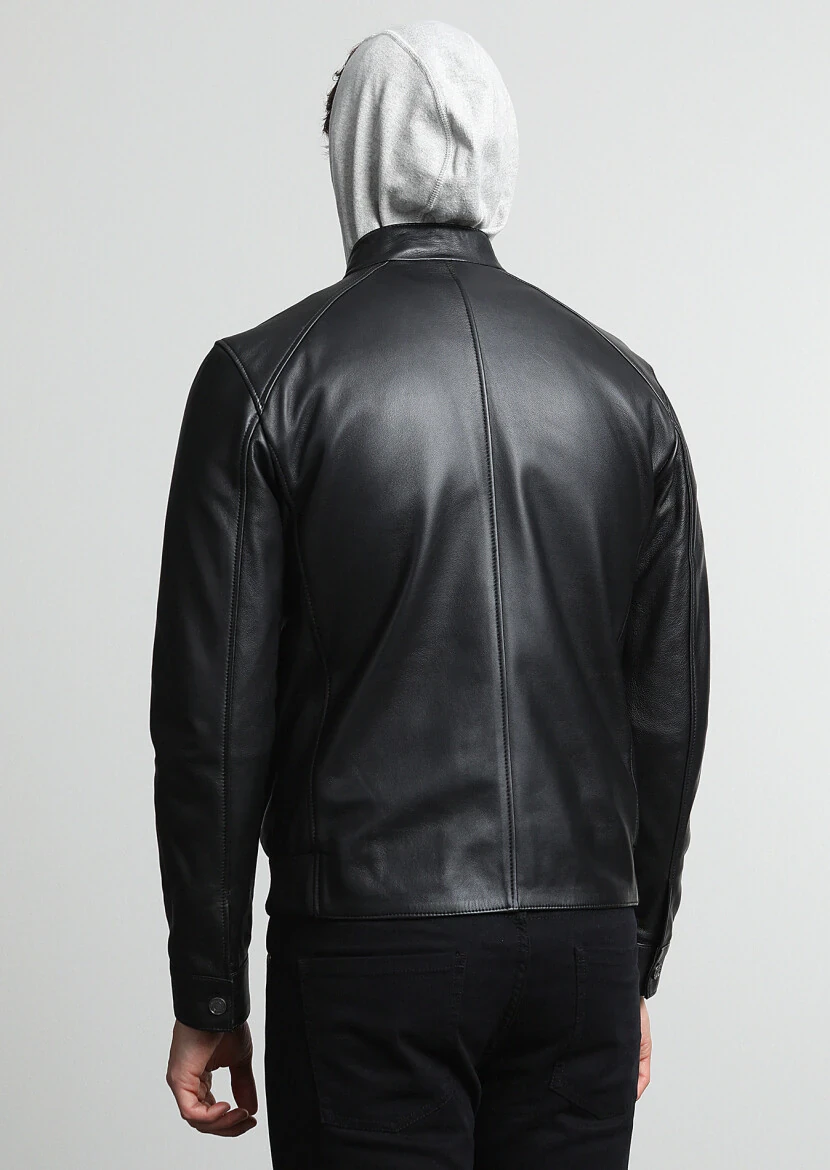 Siyah Regular Fit Dik Yaka Casual Deri Deri Mont - 4