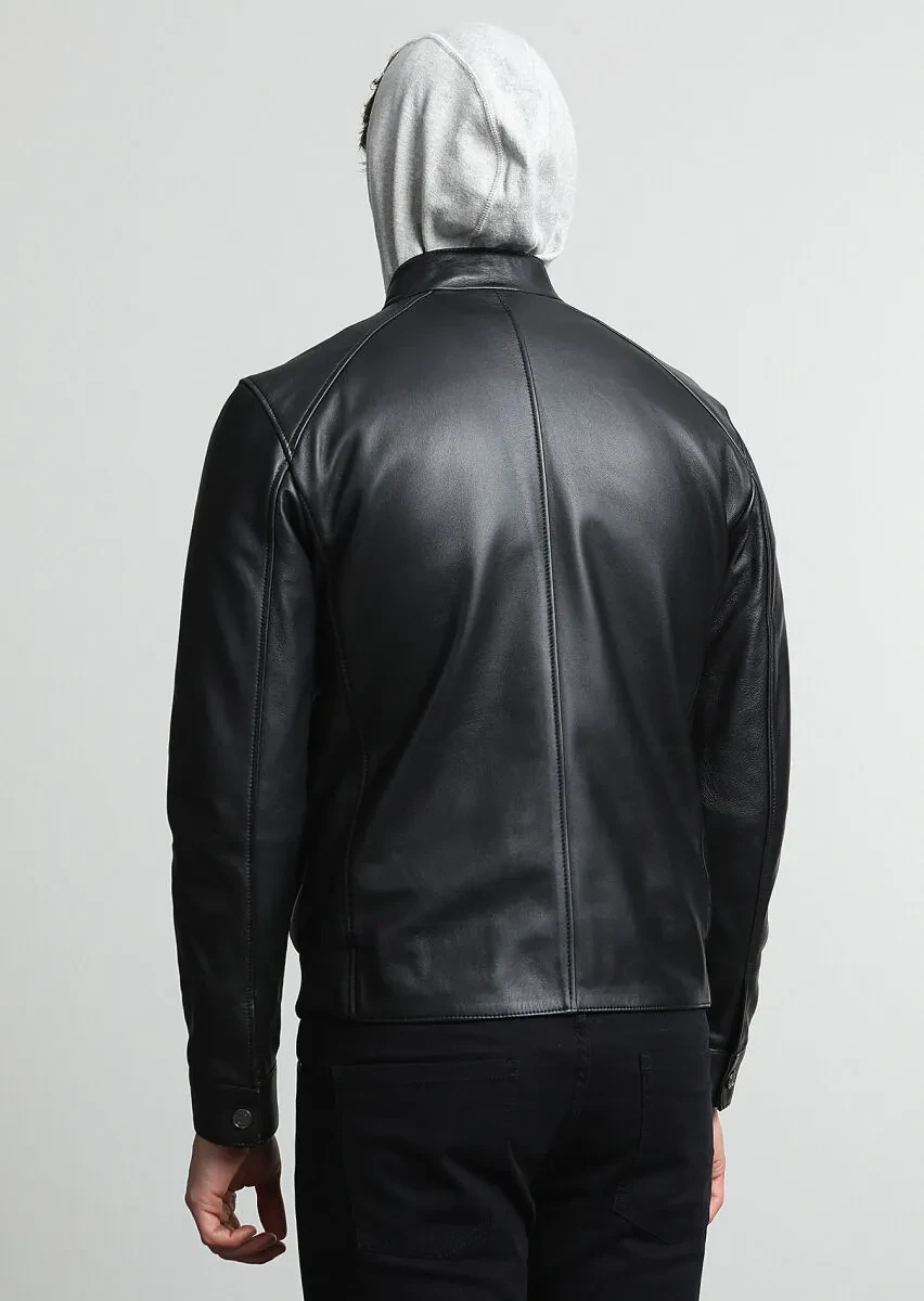 Siyah Regular Fit Dik Yaka Casual Deri Deri Mont - 4