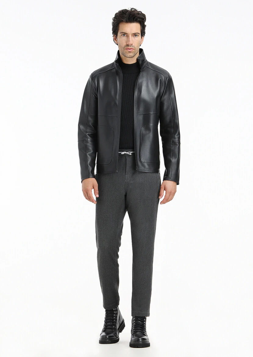 Siyah Regular Fit Dik Yaka Casual Deri Deri Mont - 1