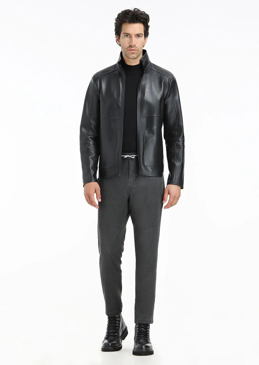 Siyah Regular Fit Dik Yaka Casual Deri Deri Mont - 1