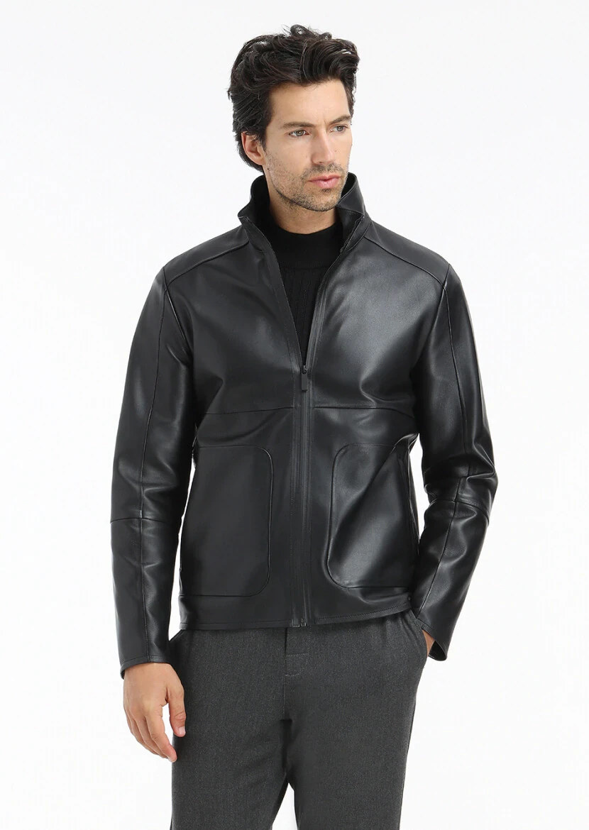 Siyah Regular Fit Dik Yaka Casual Deri Deri Mont - 2