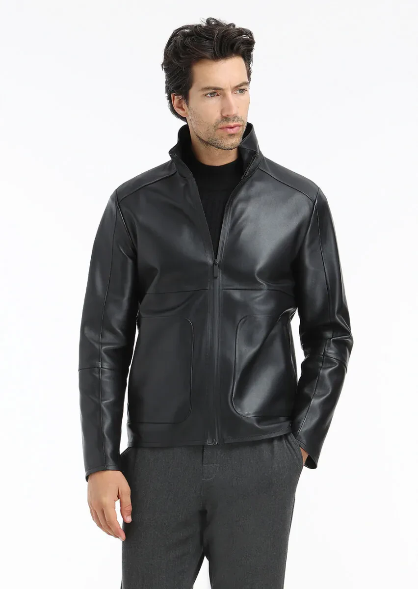 Siyah Regular Fit Dik Yaka Casual Deri Deri Mont - 2