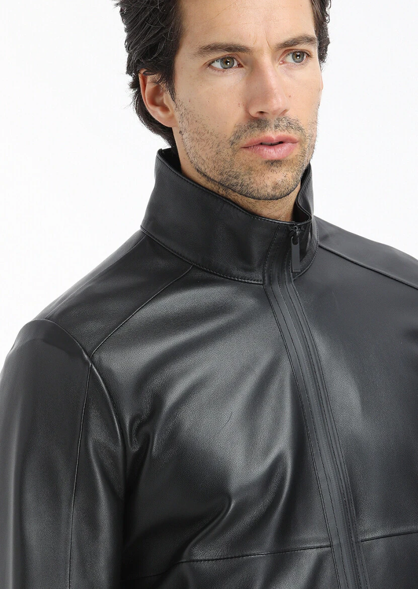 Siyah Regular Fit Dik Yaka Casual Deri Deri Mont - 3