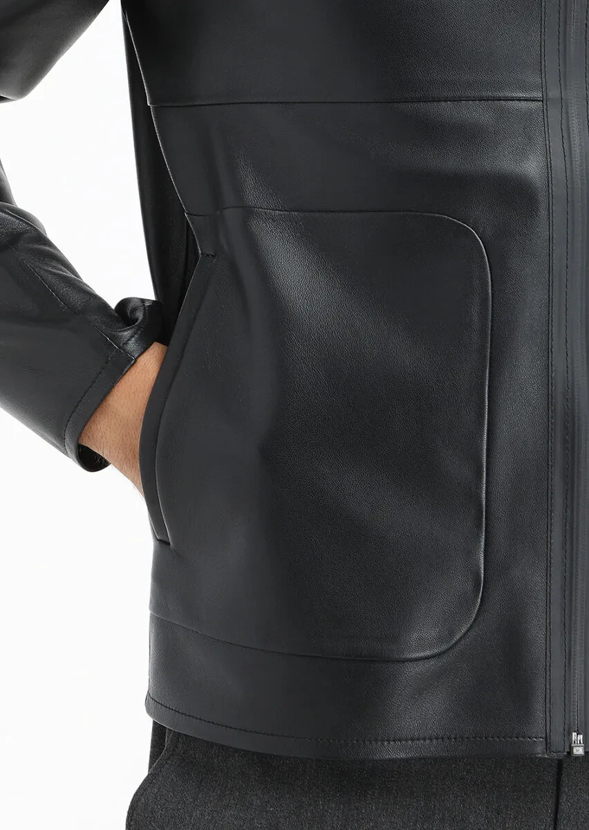 Siyah Regular Fit Dik Yaka Casual Deri Deri Mont - 4