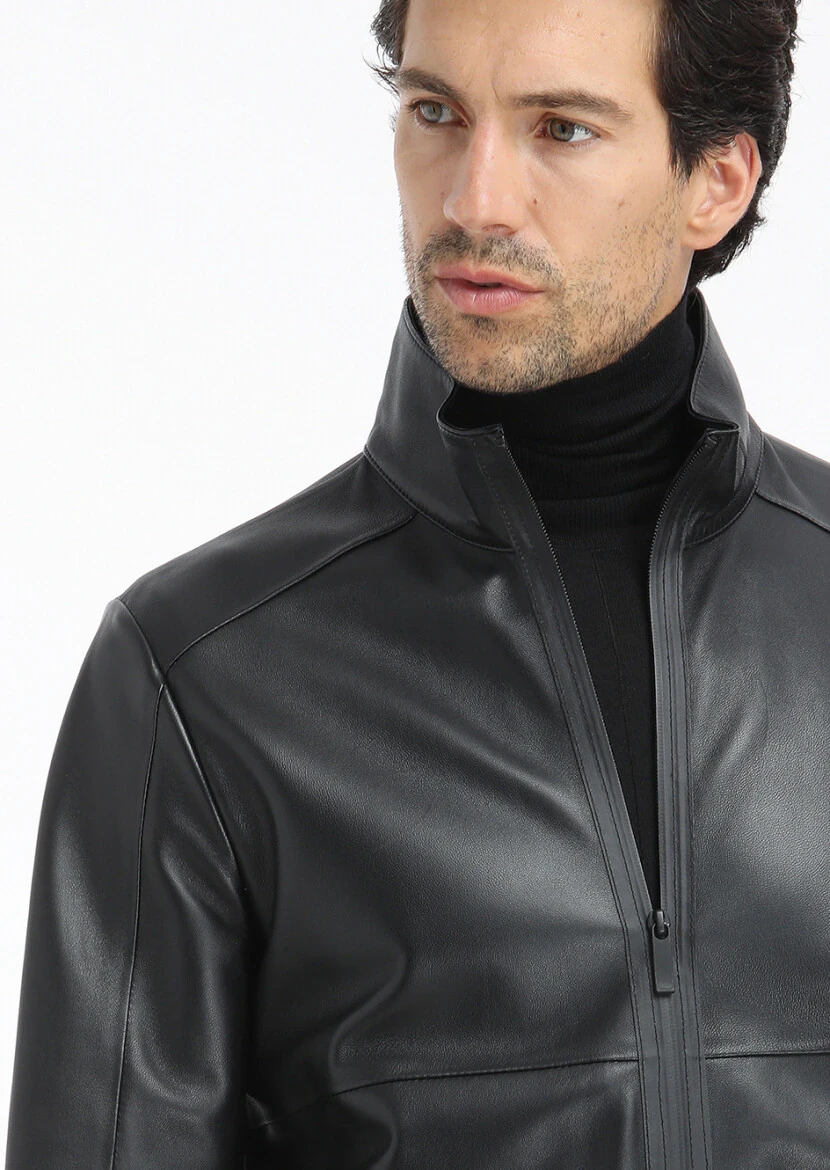 Siyah Regular Fit Dik Yaka Casual Deri Deri Mont - 5