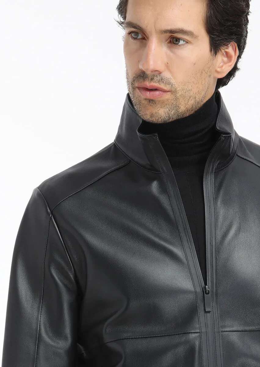 Siyah Regular Fit Dik Yaka Casual Deri Deri Mont - 5