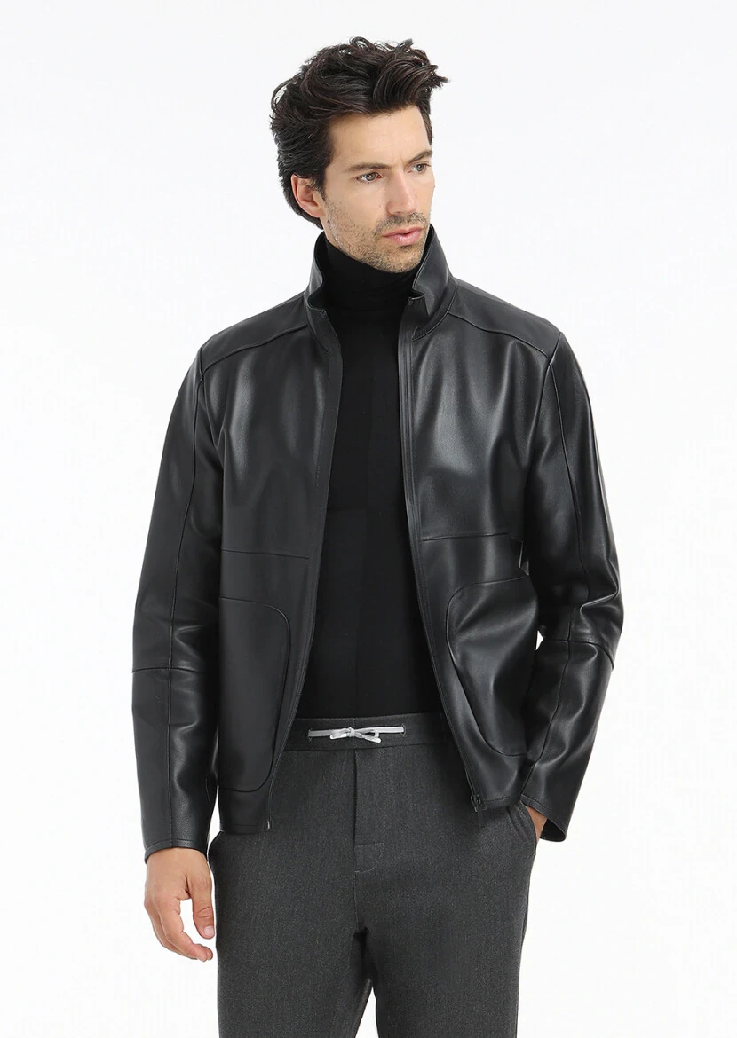 Siyah Regular Fit Dik Yaka Casual Deri Deri Mont - 6