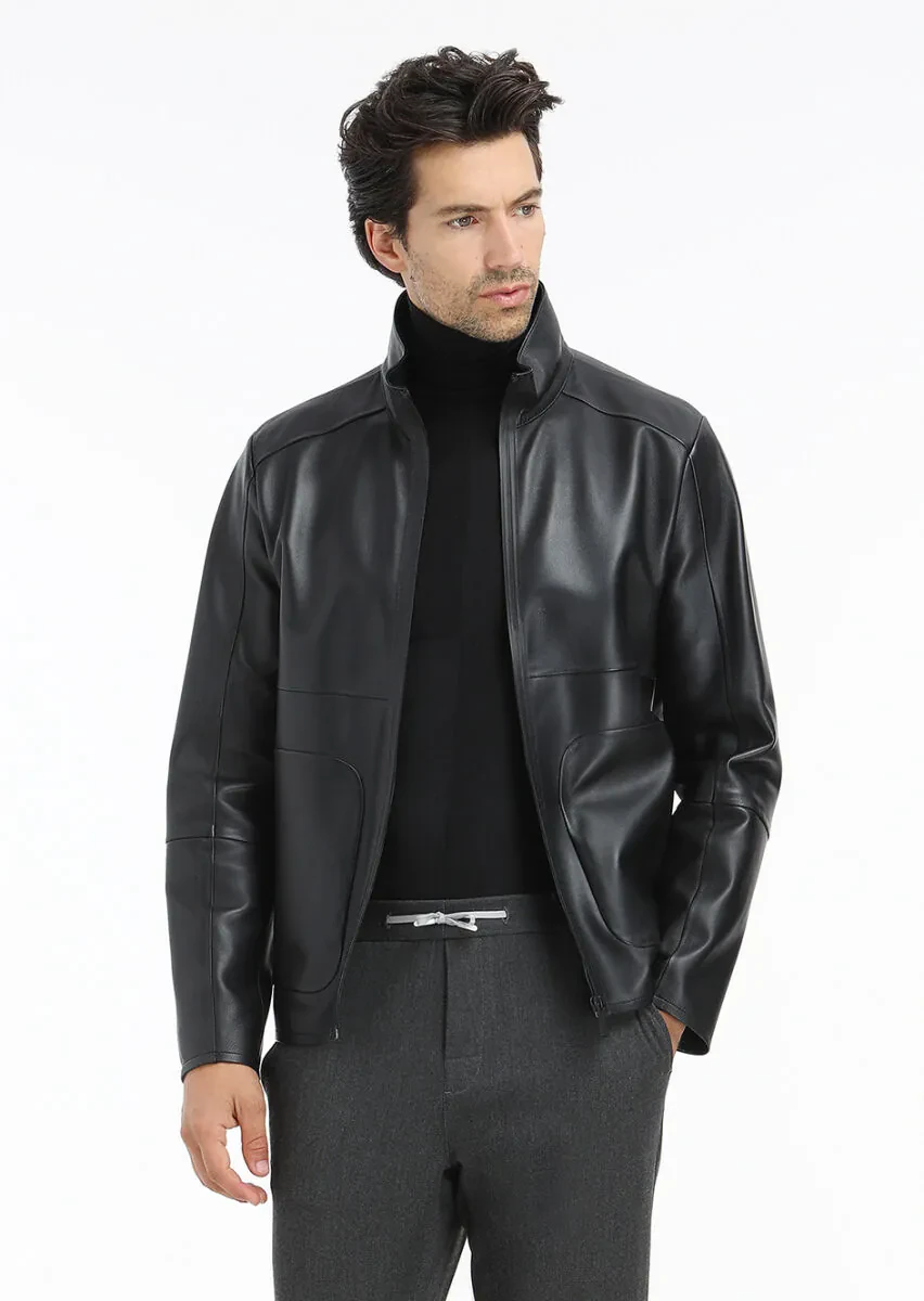 Siyah Regular Fit Dik Yaka Casual Deri Deri Mont - 6