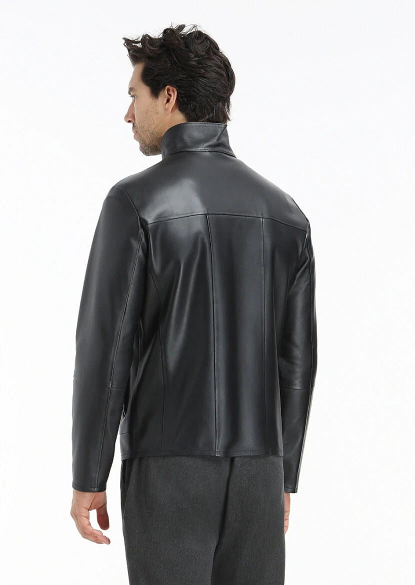 Siyah Regular Fit Dik Yaka Casual Deri Deri Mont - 7