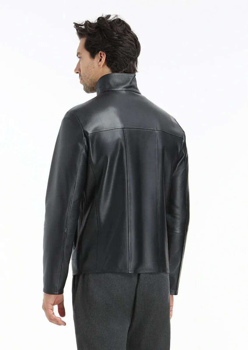 Siyah Regular Fit Dik Yaka Casual Deri Deri Mont - 7