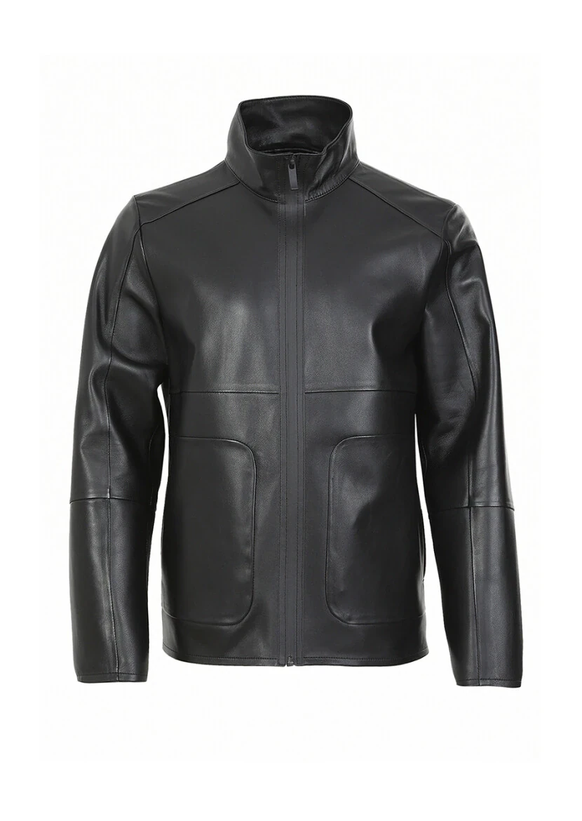 Siyah Regular Fit Dik Yaka Casual Deri Deri Mont - 8