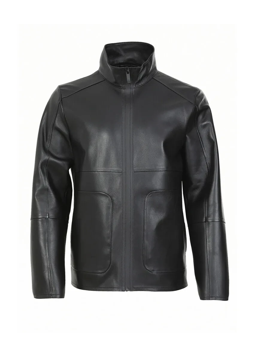 Siyah Regular Fit Dik Yaka Casual Deri Deri Mont - 8