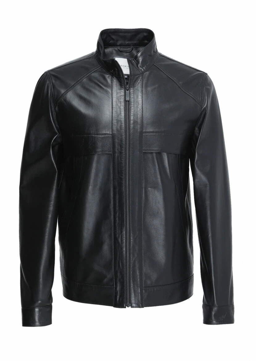 Siyah Regular Fit Dik Yaka Casual Deri Deri Mont - 1