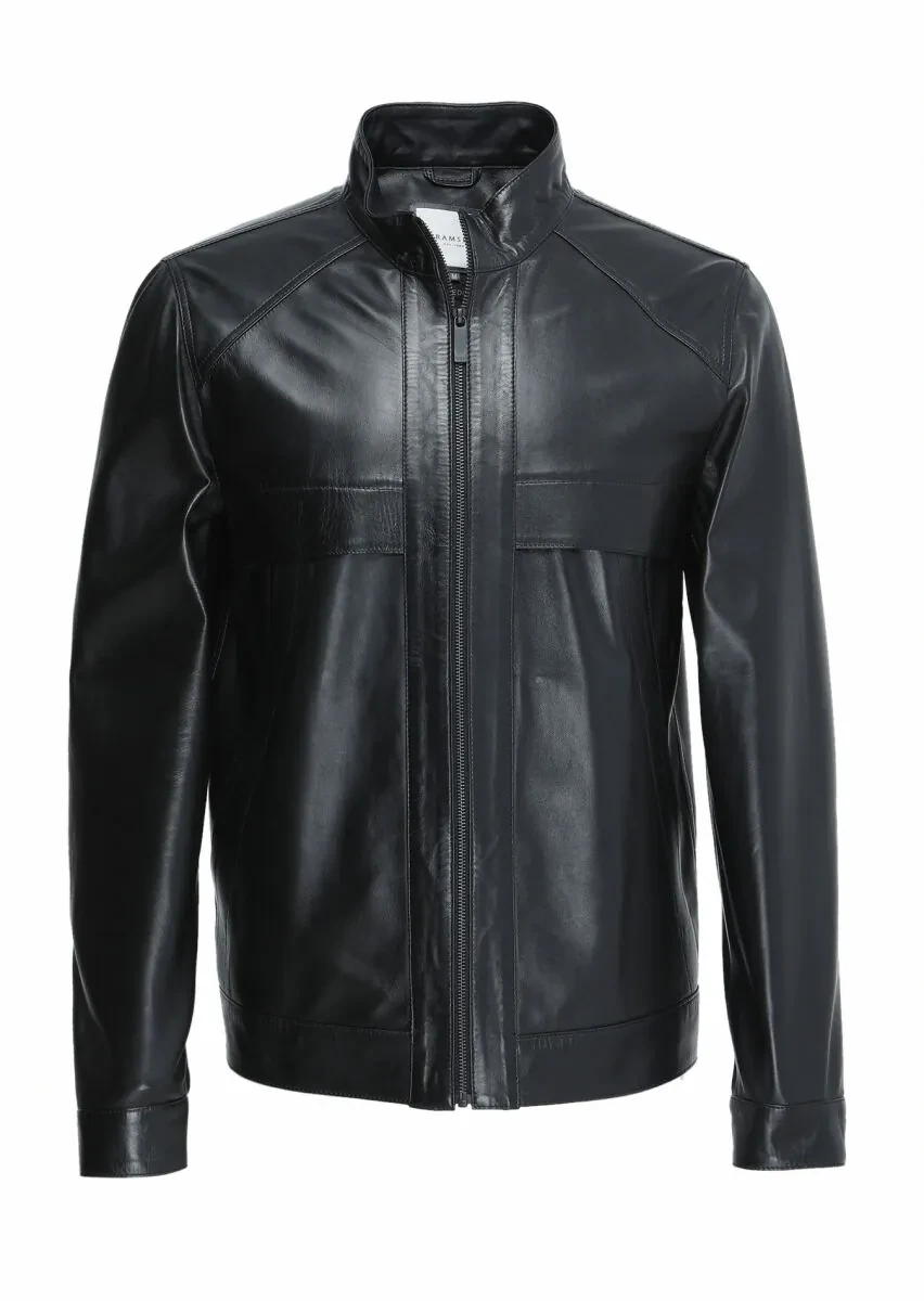 Siyah Regular Fit Dik Yaka Casual Deri Deri Mont - 1