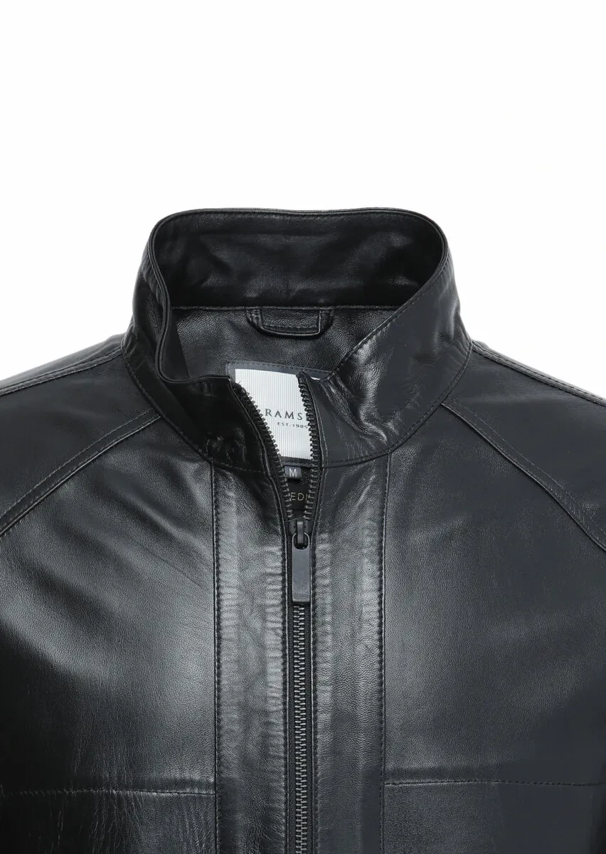 Siyah Regular Fit Dik Yaka Casual Deri Deri Mont - 2