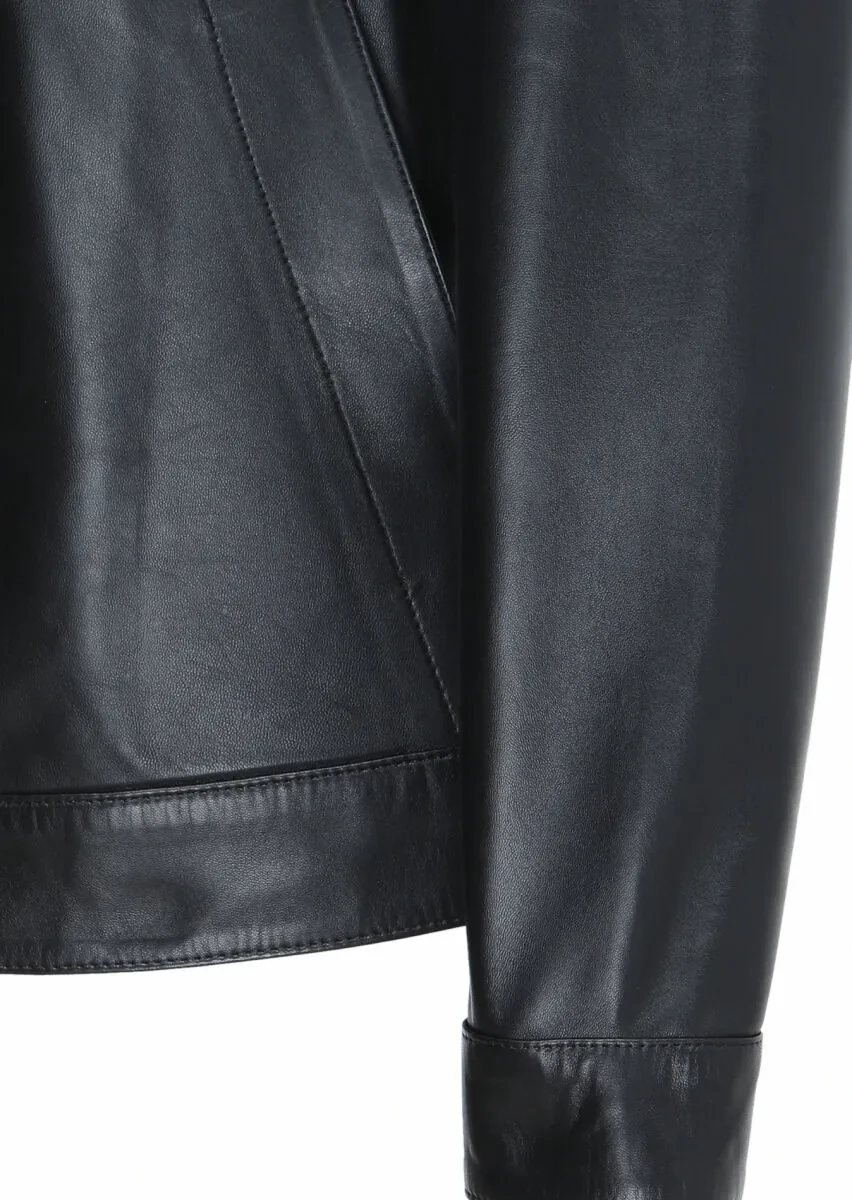 Siyah Regular Fit Dik Yaka Casual Deri Deri Mont - 3