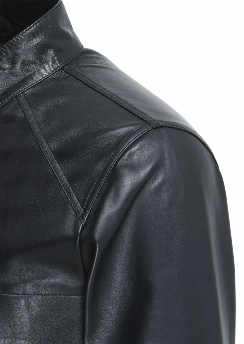 Siyah Regular Fit Dik Yaka Casual Deri Deri Mont - 4