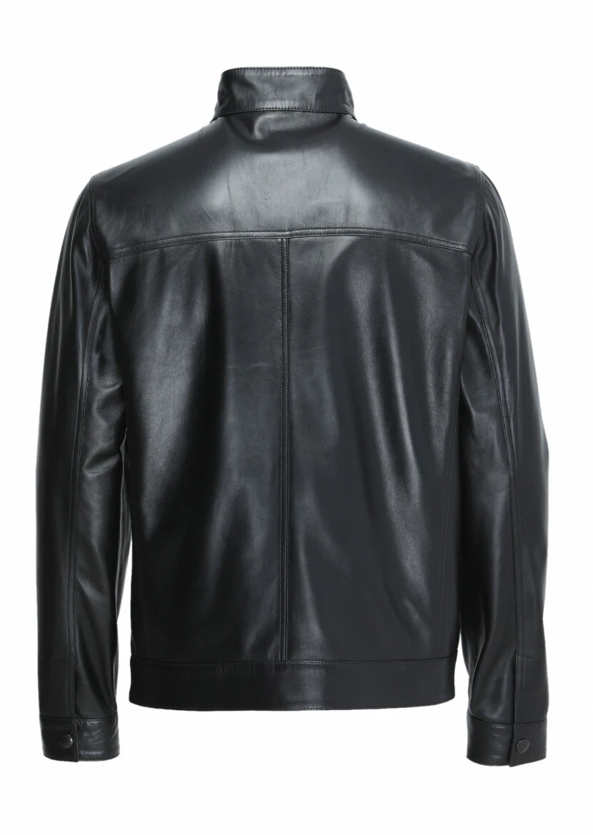 Siyah Regular Fit Dik Yaka Casual Deri Deri Mont - 6