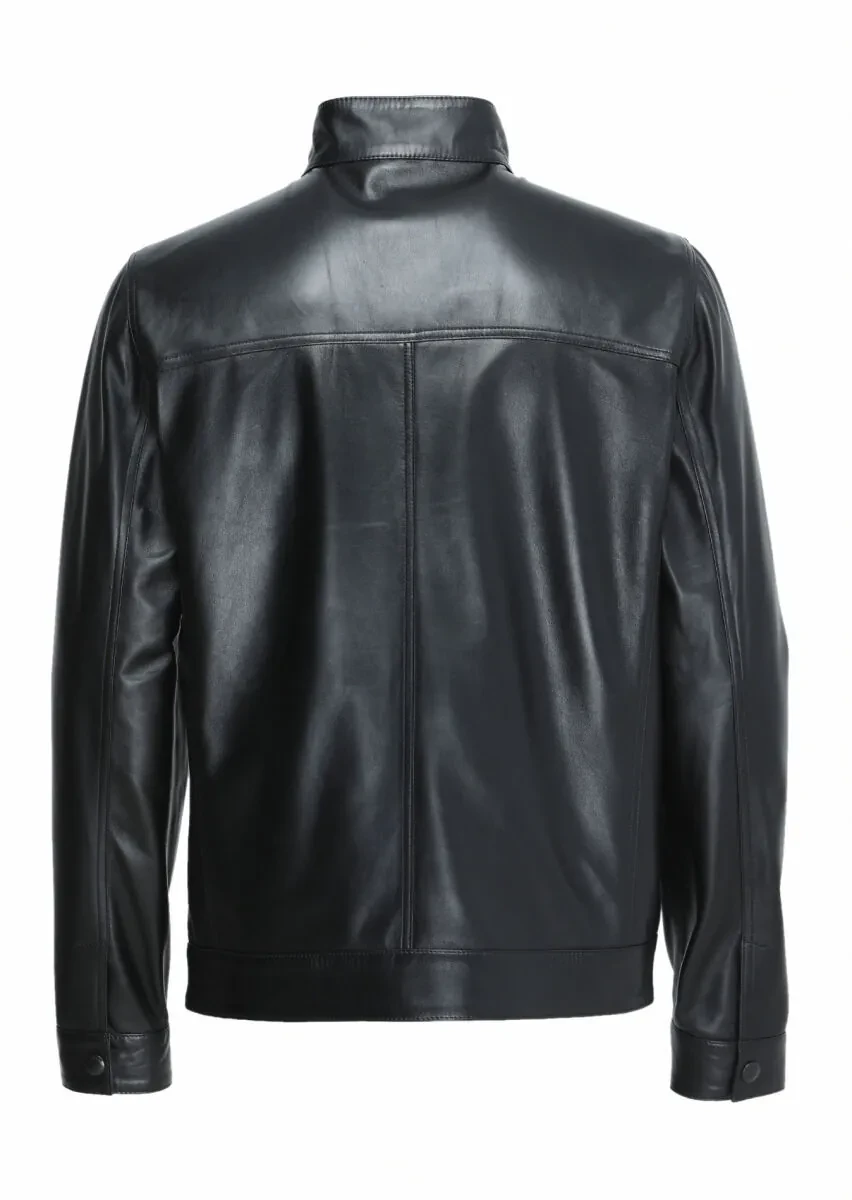 Siyah Regular Fit Dik Yaka Casual Deri Deri Mont - 6