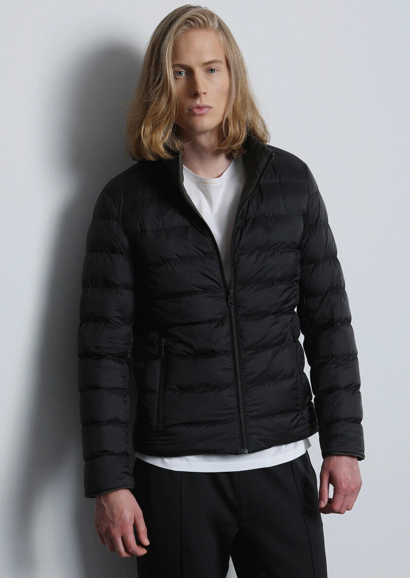 Siyah Regular Fit Dik Yaka Casual Dokuma Çift Taraflı Mont - 1