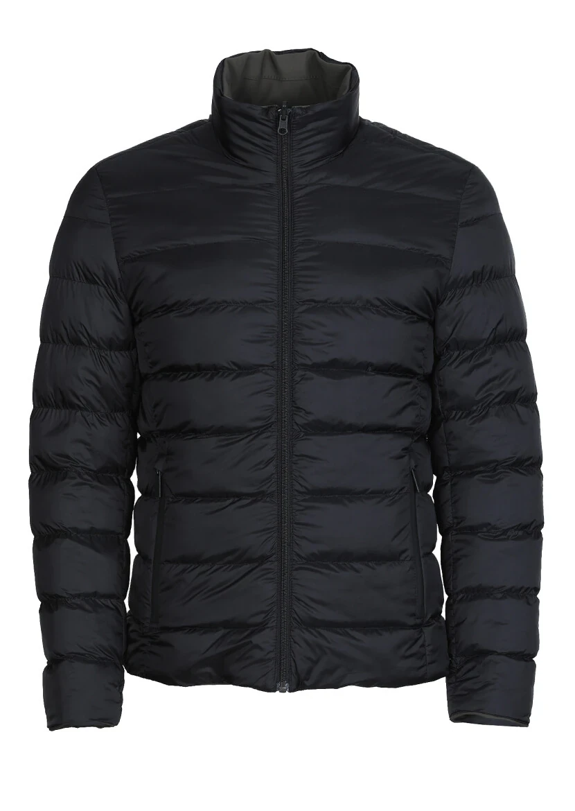 Siyah Regular Fit Dik Yaka Casual Dokuma Çift Taraflı Mont - 7