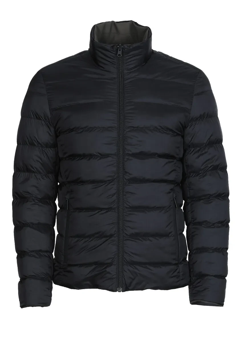 Siyah Regular Fit Dik Yaka Casual Dokuma Çift Taraflı Mont - 7