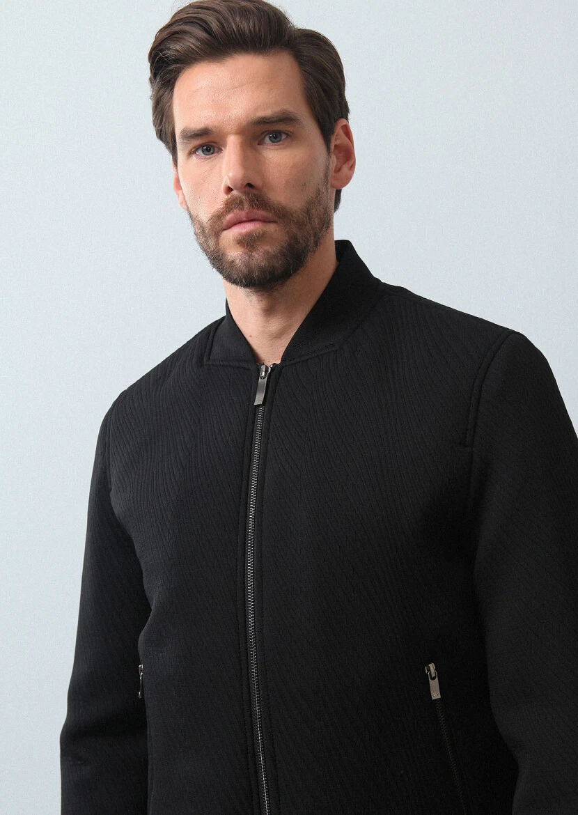 Siyah Regular Fit Dik Yaka Casual Dokuma Mont - 1